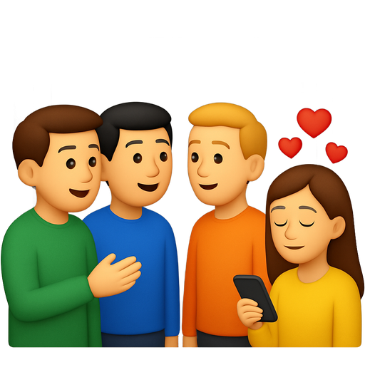 Three guys talking to each other in an elevator with girl standing next to them on her phone with hearts above her head
