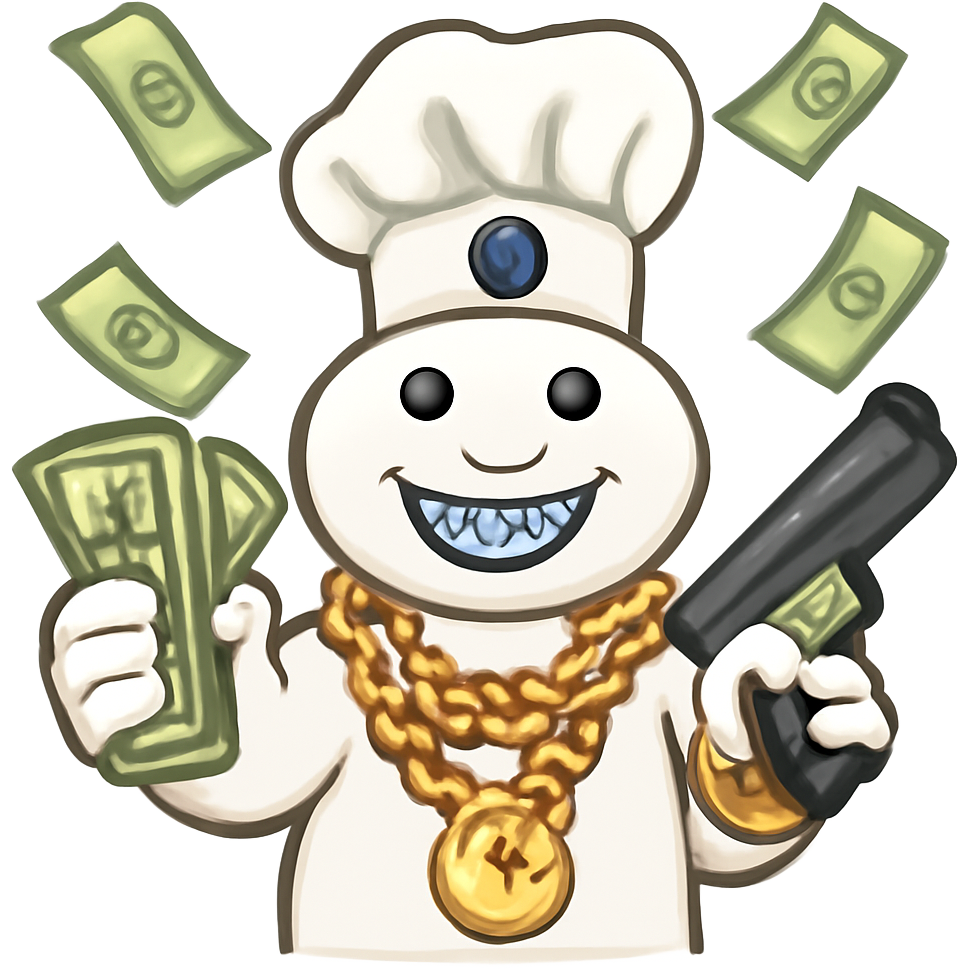 Pillsbury dough boy wearing chains and watch holding money and a gun smiling with diamond teeth and money background with cash raining down