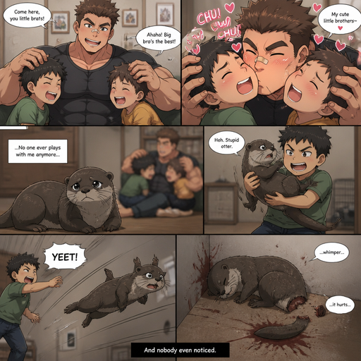 A DETAILED AND LIFELIKE ANIME Comic Book story view of a Bulky but Muscular ANIME Cute Bara Man With Peach toned skin Who looks Normal aind round facial Structure and Basic facial structure With Puffy and Big Pecs that are visible through the shirt and Biceps and Bandaid on his nose and Brown short hair that makes them look tough. Wearing normal With his pet Grown and healthy realistic otter and 2 little brothers that are in different ages but young. And he annoys the little brother’s and he kisses them all over their faces, and they laugh with joy. But the otter is left out and no one cares for him and and a brother picks him up and it flys to the wall and it layed there on its side whimpering and looses its tail