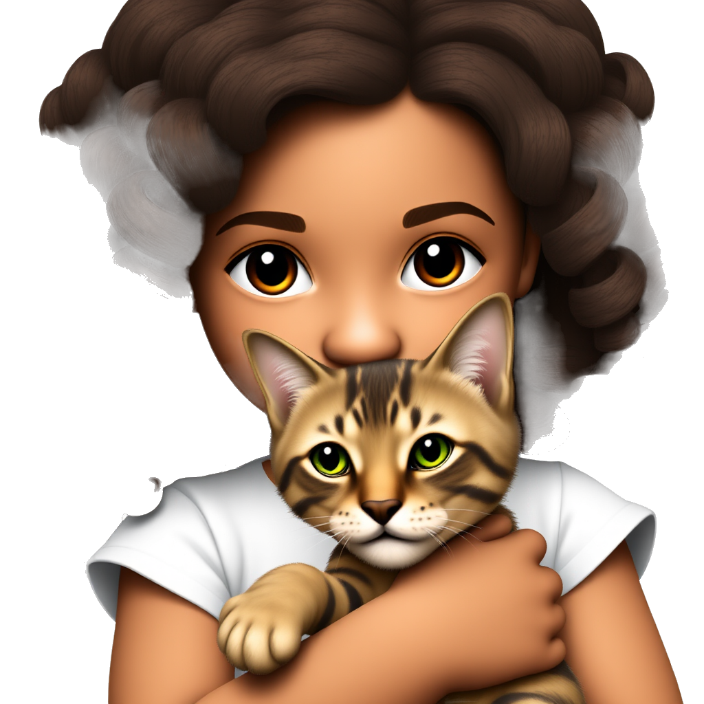 a mixed girl with brown eyes, long curly dark brown hair, and a wide nose holding a bengal cat with green eyes