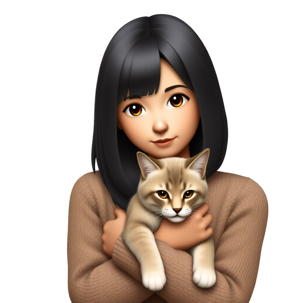 19yo girl, bronze-sand-tan skin tone, black to the shoulder length hair , black fox eyes, holding a cat., wearing brown sweater