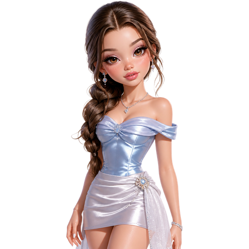 semi-realistic soft cartoon luxury glam, mini plush Bratz-doll aesthetic, cinematic glow, crisp clean detail, glossy glam skin. brown eyed Petite 5ft girl, fair skin with soft freckles, wide face with tall forehead, honey-brown almond wide-set upturned eyes, fluttery lashes, shimmer highlight, plush lips, bottom heavy lip, sweet Belle-princess vibe, long straight brunette hair with visible caramel highlights, wearing an icy crystal-blue satin top with elegant off-shoulder shaping, a pale frosted mini skirt with shimmer ruching and a sheer overlay detail, silver jewelry, hair in a thick side braid, makeup with icy lilac shimmer, cool pink blush, glassy highlight, and a glossy pink-nude lip, posing with dreamy queenly energy and a soft serene smile