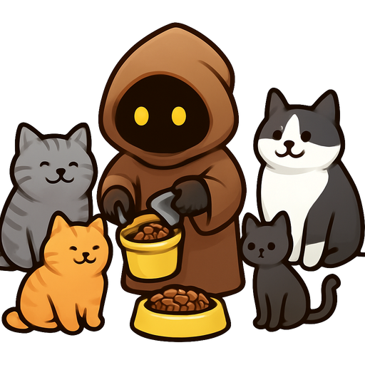 A cute Jawa is scooping cat food from a yellow bucket into a bowl of cat food. He is surrounded by a fat grey tabby cat, a fat orange cat, a large black and white cat, a skinny black cat, and a small solid gray cat