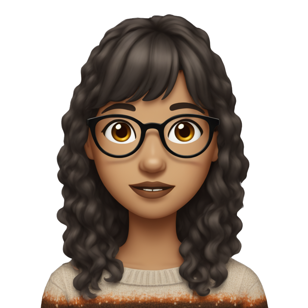 a girl with dark brown wavy layerd hair wolfcut with wispy straight blended bangs with round glasses and light skintone with brown eyes wearing a halloween sweater
