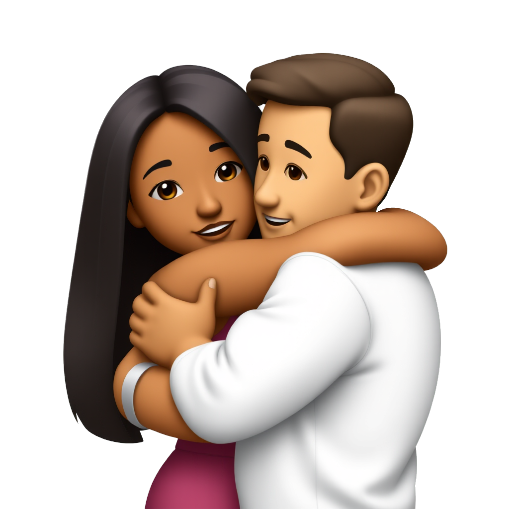 emoji of two people hugging one a brown skin woman and the other a tan the woman has long dark brown straight hair and the male has short hair