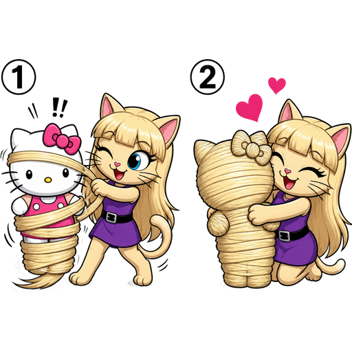 1 hello kitty getting quickly wrapped up mummified by HTFWhiskersthecat with light blonde hair 2 tight light blonde hair mummy shaped like hello kitty completely covered with light blonde hair mummy then HTFWhiskersthecat hugs tight light blonde hair mummy shaped like hello kitty completely covered with light blonde hair mummy comic version @1 @2