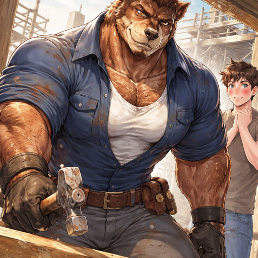 A Full BODY and FACE of a Muscular, Buff and a Gigantically Muscular with Chunky Gigantic Pecs AND biceps and a BIGGER head with the Perfect Waist. VERY Masculine and handsome ANIME Animated Bara Furry Grizzly Bear with a VERY Good-looking and Mature Face and brown eyes with a wrestler type body and Hair on his chest. Wearing a Tight Button up Handyman Uniform and a Plain White shirt under it with a Hammer in His hand and Dirt on his Face and clothes sweating. Standing in a Construction sight looking down and working on a Plank of wood. With his Man human crush watching and Blushing