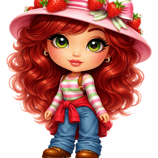 Strawberry Shortcake in an Intense Polished Shine as a Petite Adult with a Cool Medium Buff Skin Tone in Diffused Lighting with Enhanced Airbrushed Lighting and a Natural Toned Shape with Wispy Shaped Eyelashes and Soft Angled Eyebrows with Upturned Eyes and Copper Red Curly Hair with a Gold Eyeliner Makeup Style Set Look also adding Downward-Turned Lips and a Milkshake Lipstick Finish Color Texture, Green Eyes, Also wearing a Pink Sunhat with Strawberries all over it and Red Ribbon with it along with a Strawberry on the Pink, White and Green Bow and a Red, Pink, Green and White Long Sleeve Shirt with Baggy Blue Jeans, Brown Close Toed buckle Up Shoes and a Red Jacket Tied Behind her waist