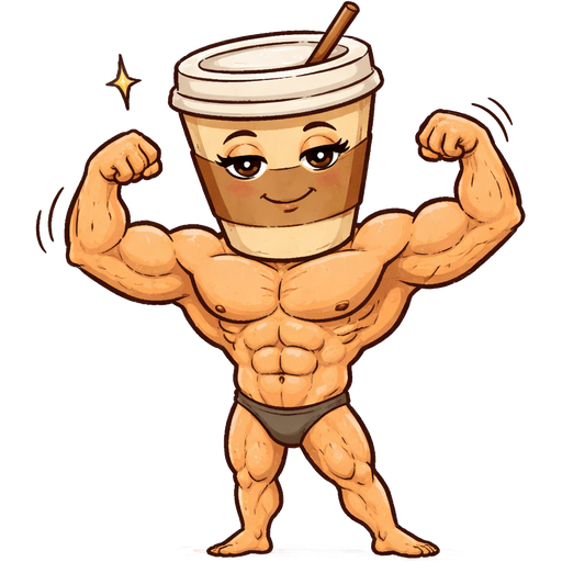 A muscly bloke whose head morphs into a take-away coffee cup for a head; it has sexy eyes and a friendly smile. He has a full body tan