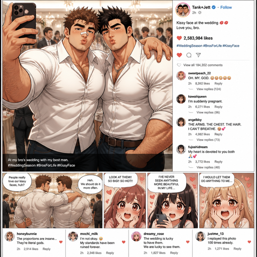 A REALISTIC AND LIFELIKE Comic Book long Story of a Bulky but Muscular ANIME Cute Bara Man With Peach toned skin Who looks Normal and a huge and Masculine round facial Structure and Basic facial structure With Puffy and Big Pecs that are visible through the shirt and Biceps and Bandaid on his nose and Brown Spiky hair and His Hair Curls At the tip of strands. Wearing a white button up shirt tight on the arms and Chest but baggy on the abs so you can’t see them AND Jeans and has a Hairy body. And has huge Hands and Massive arms and looks HOT with his friend (that looks like him but Black instead of brown hair and Has A Chain on and is also Peachy skin). at a someone‘s wedding making kissy faces and taking a picture and posting it and Get millions hearts with girls