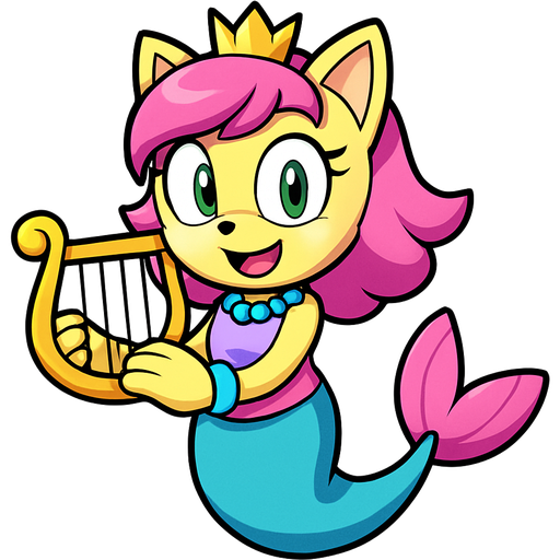 light yellow cat smiling with pink hair green eyes golden crown with light purple necklace light cyan braclets pink and blue dress with pink skirt attached to cyan mermaid tail with pink tail fins holding a golden harp sonic x version