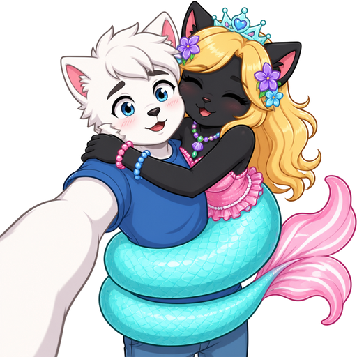 point of view white boy cat furry is getting hugged by black cat with light yellow hair purple and blue flowers light cyan crown purple and green necklace pink and blue bracelets pink dress attached to long light cyan mermaid tail with pink tail fins with white highlights by wrapping around hips with it's long light cyan mermaid tail with pink tail fins with white highlights like a snake clipart cartoon