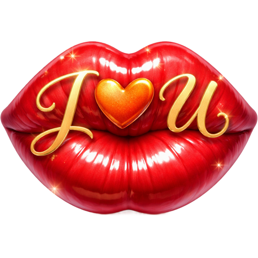 Iš§”U written in swirling cursive on shiny red, plump, puckered lips with a beautiful shape and a 3D effect that makes them look puffed out for a realistic appearance.
