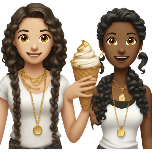 Two Girls with a ice cream and one of Them have Black Long curly hair and a White top and earrings gold necklace and a White top and the other Girl have Brown Long straight hair and a White top and gold earrings gold necklace