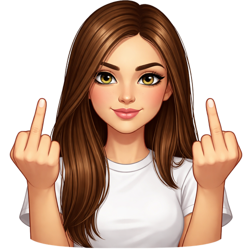 girl doing middle finger with both hands. brown straight hair and hazel eyes (brown green) white tshirt