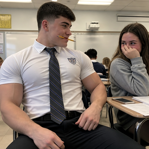 A Real life Full Body Image of a Hugely Muscular American White skinned Teenage Jock with a BASIC and ROUND looking face and Low taper fade with Dark Brown hair and brown eyes and Big Arms and Big Pecs with a Tall Grotesque wrestler’s body. Tight Buttoned up in a School Uniform shirt with a Logo on it. holding a pencil in his Mouth sideways leaning in a chair. And Making a Student Blush and looking at her