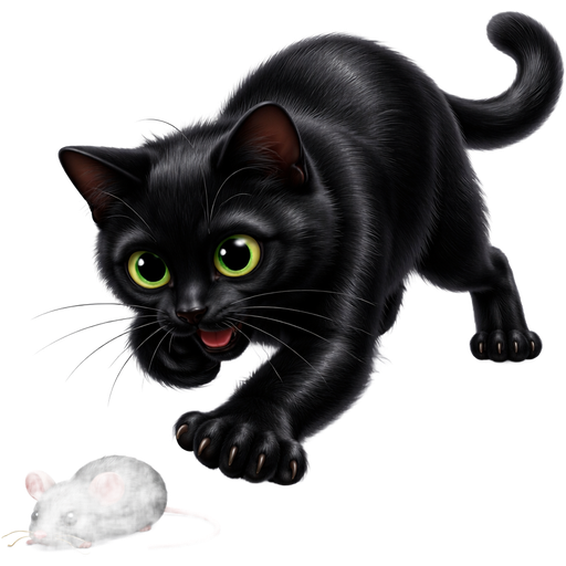 Extra Large all black Bombay polydactyl adult cat, big light green eyes, very shiny coat, pouncing on toy mouse