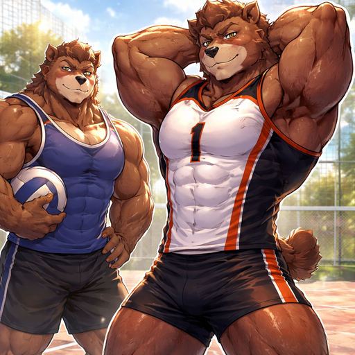 A Full BODY and FACE of a Muscular and Buff and a Gigantically Muscular with Chunky Gigantic Pecs AND biceps and a BIGGER head with the Perfect Waist. VERY Masculine and handsome ANIME Bara Furry Grizzly Bear with a VERY Good-looking and Mature Face and brown eyes with a wrestler type body. Wearing a Short Volleyball Jersey. With his crush that is a Bear Bara Furry like him. Blushing as one stretchies