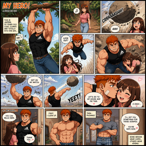 A Full page Anime Comic book story about of a masculine and Bulky ANIME Cute Bara Man American 20 year old with a ROUND and BASIC facial structure and TENAGE Peach Skinned BARA CUTE MALE not to detailed With bigger than average bulging Pecs that are visible through the shirt and bulging Biceps and a big Bandaid on his nose and Left Cheek and Right Eye brow. Wearing a no piercings baggy sleeveless Black Adidas Athletic shirt that is tight around the waist and jeans and a belt and Short and Red Hair and Bright Orange Hair fluffy and Strait with brown eyes and black eyebrows. Hanging on a tree branch and getting into the tree and jumping down on his crush and saves her from a Rock bolder and jumps down and picks the rock with one hand. And throws it back and kisses her on the cheek and says let’s go to my house and fix this. They go to his house and takes off his shirt and puts his pajamas on