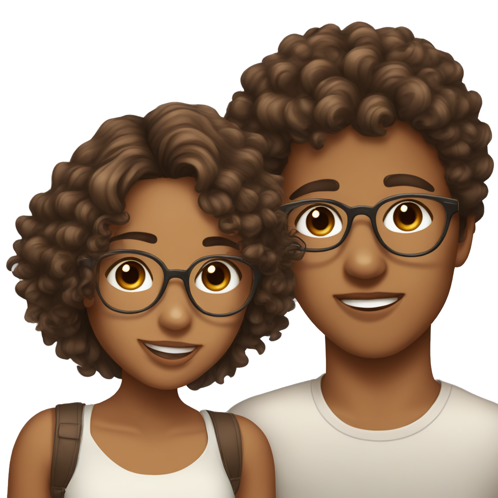 tan boy with curly brown hair and clear glasses with brown eyes and big lips kissing girl with tan brown skin with wavey long brown hair and brown eyes both wearing white