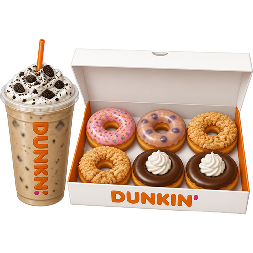 Dunkin order: Iced Oreo Cloud Latte with a box of six donuts. Inside the box there is a pink frosted donut w sprinkles, 1 glazed blueberry donut, 2 apple crumble donuts (no center), 2 kreme delight donuts (chocolate frosted donut with whipped cream rosette no center)