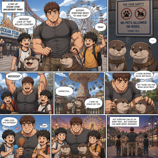A DETAILED AND LIFELIKE ANIME Comic Book story view of a Bulky but Muscular ANIME Cute Bara Man With Peach toned skin Who looks Normal aind round facial Structure and Basic facial structure With Puffy and Big Pecs that are visible through the shirt and Biceps and Bandaid on his nose and Brown Fluffy and Strait hair. Wearing normal With his pet Grown and healthy Otters and 2 little brothers that are in Late elementary grades. they all go to an amusement park and the otters are on leashes. And they have fun but the otters are sad because they can’t go on rides