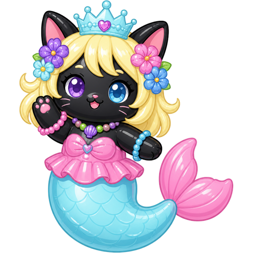rubber pooltoy suit black cat with light yellow hair purple and blue flowers light cyan crown purple and green necklace pink and blue bracelets pink dress attached to long light cyan mermaid tail with pink tail fins