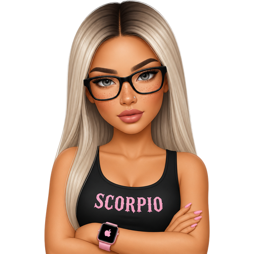 35 year old baddie with slightly full lips a slight bumpy nose slim face high cheek bones with alot of freckles across the nose almond shaped gray colored eyes lashes nose stud fair skin with freckles across nose with long straight icy ash blonde hair and dark roots parted in the middle serious and black glasses wearing a black tank top that says SCORPIO with pink color nails and pink Applewatch