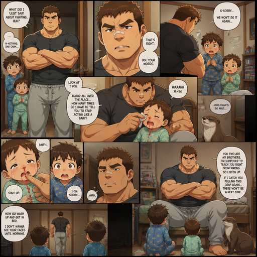 A DETAILED AND LIFELIKE LONG Anime Comic Book story view of a Bulky but Muscular ANIME Cute Bara Man With Peach toned skin Who looks Normal aind round facial Structure and Basic facial structure With Puffy and Big Pecs that are visible through the shirt and Biceps and Bandaid on his nose and Brown short hair that makes them look tough. Wearing normal With his pet Grown and healthy realistic otter and 2 little brothers that are in different ages but young. Him and he hates both of them and they’re both scared of him and he disciplines the baby and red comes from the baby’s nose and al around him with cute pajamas