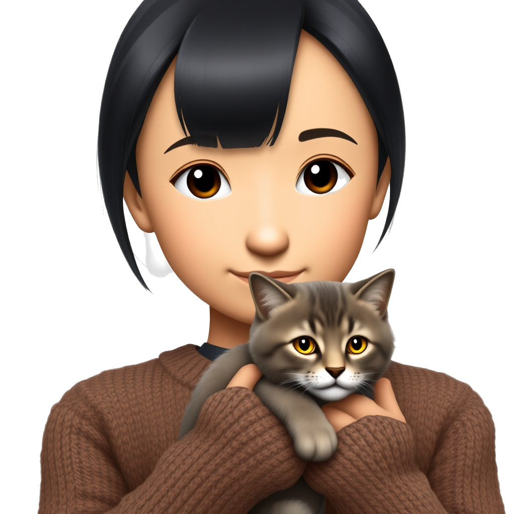 19yo girl, tan-bronze tone, black mid length hair , small arabin black eyes, holding a cat., wearing brown sweater