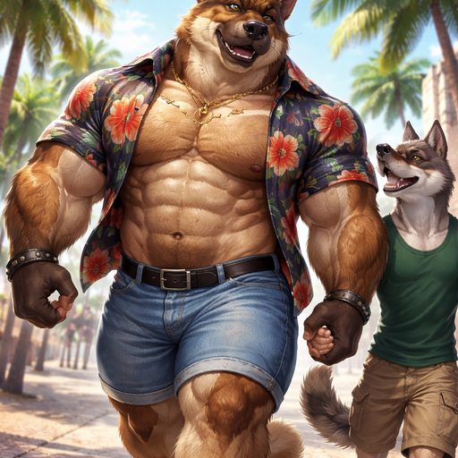 A Full Body Image of a Chunky and Hunky Chubby but Muscular German Shepard Bara Furry Bodybuilder who is a very Masculine and Handsome with Ginormous Arms and a Rounded and Wide Chest. Short Strait Hair. Halfway buttoned Hawaiian shirt And Jorts walking and holding hands with his boyfriend