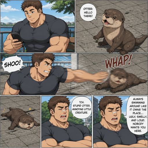 A DETAILED AND LIFELIKE ANIME Comic Book story view of a Bulky but Muscular ANIME Cute Bara Man With Peach toned skin Who looks Normal sincerely d round facial Structure and Basic facial structure With Puffy and Big Pecs that are visible through the shirt and Biceps and Bandaid on his nose and Brown short hair. Wearing normal clothes. And an otter comes up to him and a hand flies across its face and it lays. And then talks bad about the otter