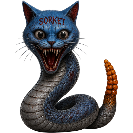 sorket the cat naga horror movie blue cat with a long grey snake body with an orange rattlesnake tail