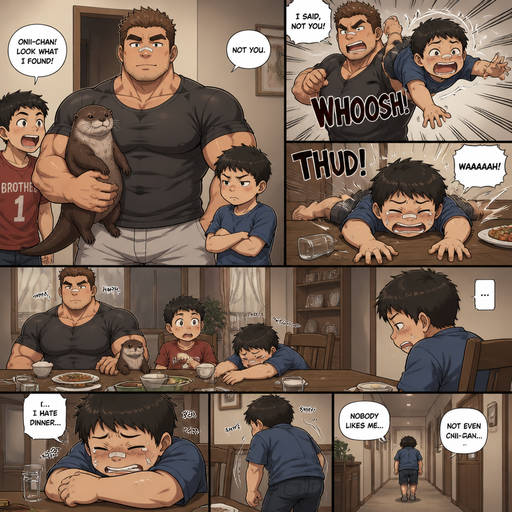 A DETAILED AND LIFELIKE ANIME Comic Book story view of a Bulky but Muscular ANIME Cute Bara Man With Peach toned skin Who looks Normal aind round facial Structure and Basic facial structure With Puffy and Big Pecs that are visible through the shirt and Biceps and Bandaid on his nose and Brown short hair that makes them look tough. Wearing normal With his pet Grown and healthy realistic otter and 2 little brothers that are in different ages but young. And he doesn‘t like one of them and big brother picks the little brother up and The little brother fly’s to the table and Lay‘s there and cries and limps away to his seat at the dinner and cries