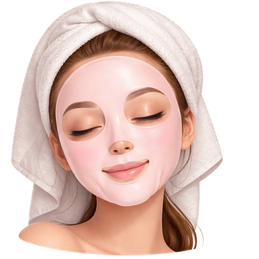 woman wearing a pink sheet mask, relaxed and cozy expression, realistic skin texture visible around the mask, soft pastel pink mask with subtle details and brand-inspired accents, hair pulled back with a towel or headband, gentle lighting highlighting the contours of her face, high-quality and detailed, clean background for digital sticker use, spa/self-care aesthetic, kawaii/cute vibe without being cartoonish.