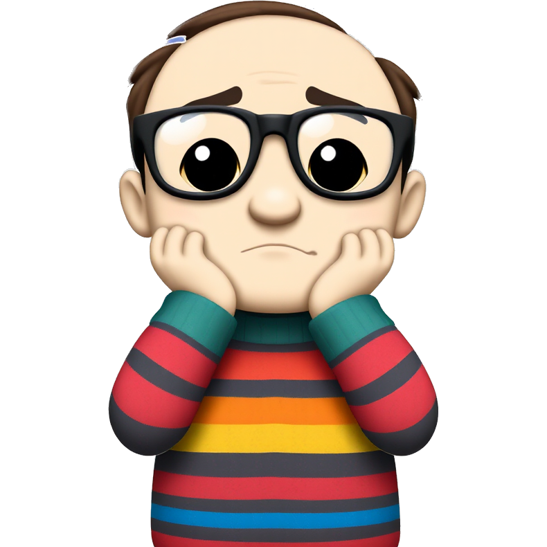 A whimsical cartoon character with oversized glasses and a colorful striped sweater dramatically facepalms under a swirling sky of vibrant stars and laughter. Around them, playful doodles of tiny clouds and question marks float, symbolizing their hilarious confusion and lighthearted frustration.