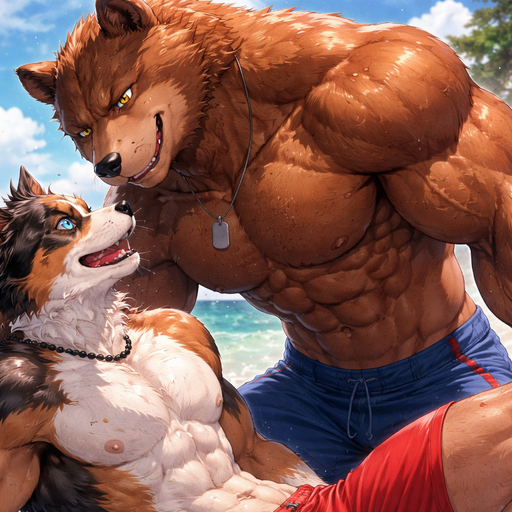 A Full BODY and FACE of a Buff and a Bara Furry Grizzly Bear with brown eyes with a wrestler type body. At the Beach. Talking to his Australian Shepard Boyfriend who is as big and Buff as him. Leaning over him real closely