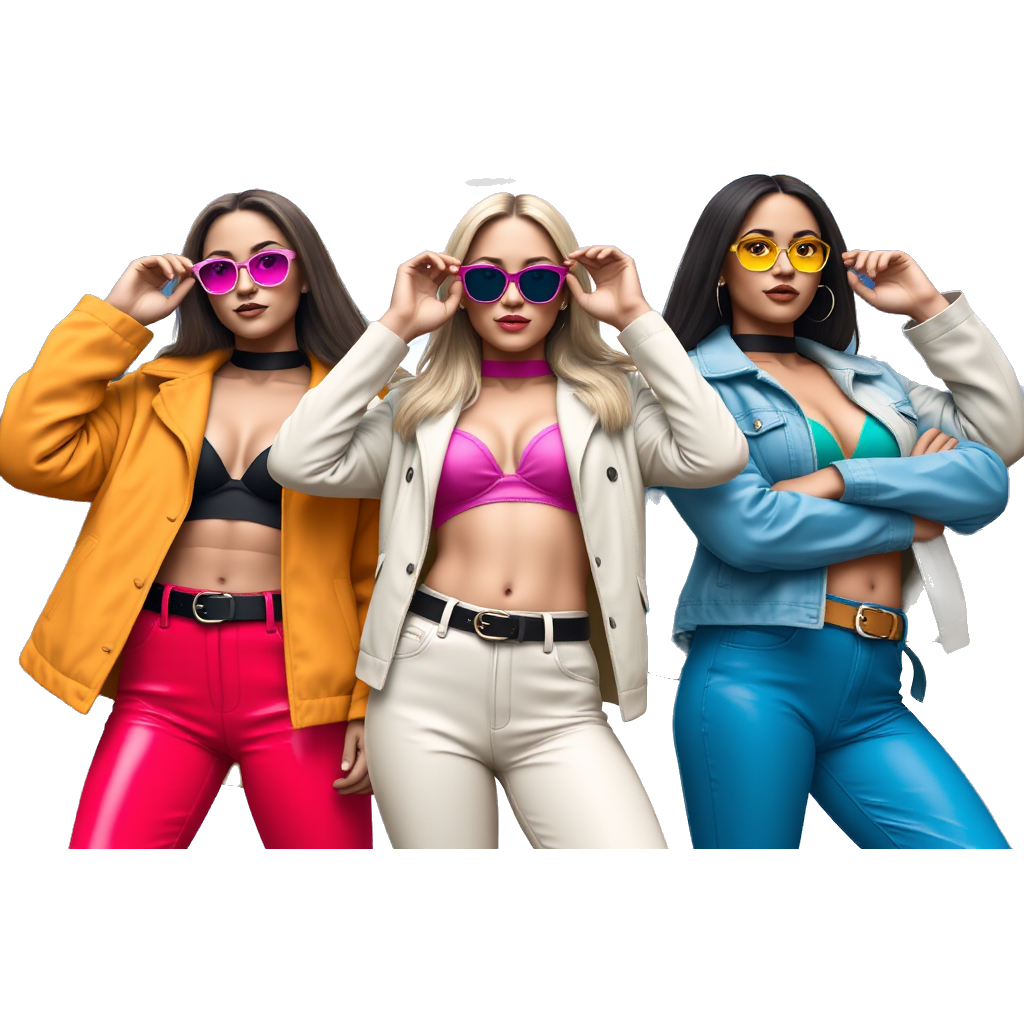 "Bold colors, confident poses, neon lights, high-fashion outfits, empowering vibes, Gen Z style, urban background, artistic flair."