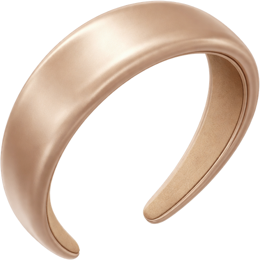 realistic, high-quality illustration of a satin headband with a smooth, glossy finish. The headband is slightly padded with a soft, structured curve, shown in a neutral tone such as nude beige, champagne, or classic black. The satin fabric has a silky sheen with subtle highlights and gentle folds, creating a soft, elegant texture without looking wrinkled. The shape is clean and symmetrical, with realistic proportions and a refined, minimal design. Lighting is soft and diffused to enhance the satin shine without harsh reflections. Overall aesthetic is modern, feminine, and understated luxury