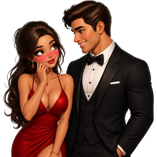 Semi-realistic soft luxury glam doll in a sexy red dress starring at a muscular man and she is blushing and the man is in a tuxedo smiling