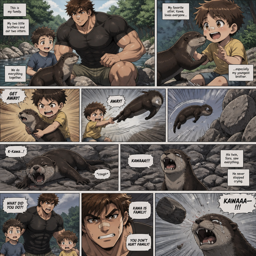 A DETAILED AND LIFELIKE ANIME Comic Book story view of a Bulky but Muscular ANIME Cute Bara Man With Peach toned skin Who looks Normal aind round facial Structure and Basic facial structure With Puffy and Big Pecs that are visible through the shirt and Biceps and Bandaid on his nose and Brown Fluffy and Strait hair. Wearing normal With his pet Grown and long and healthy realistic otter and 2 little brothers that are in different ages but young. and then his favorite otter crawled up to the youngest brother. The youngest brother throws the otter into a Rock. In the otter’s twin goes to him and cries. And then A rock flys, and the otter cries