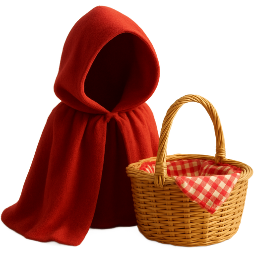 red hooded cape, soft fabric folds, beige wicker basket with red checkered cloth, warm lighting, soft shadows, cozy fairytale style