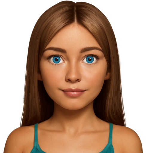 light brunette girl with straight hair, blue eyes, slightly tanned, medium sized lips, from the chest up with a teal spaghetti strap top