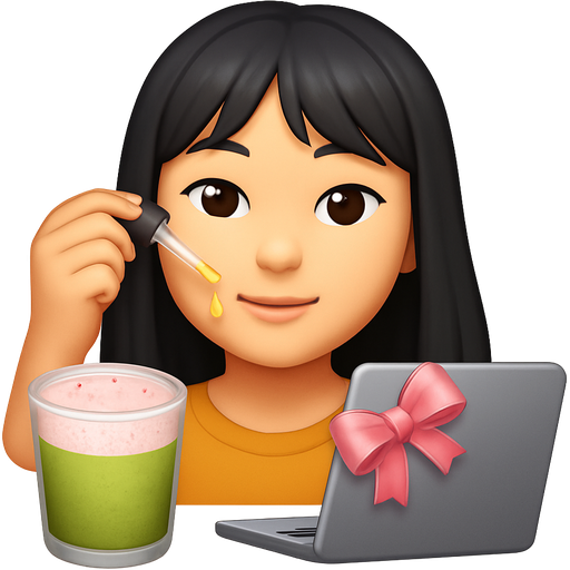 a Asian girl with curtain bangs and long, shiny hair. she is putting on serum. Next to her hair is a matcha with strawberry foam on top and is a bit blended into the matcha. beside her is a grey apple laptop with a shiny pink ribbon