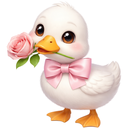 White duck with light orange beak and flippers with with her bitting on a light oink rose and a light pink bow around her neck