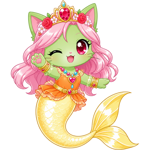 green cat with light pink hair red and flower light cyan crown pink and blue necklace golden and golden bracelets orange dress attached to long light yellow mermaid tail with white highlights with yellow tail fins with white highlights (jewelpet anime)