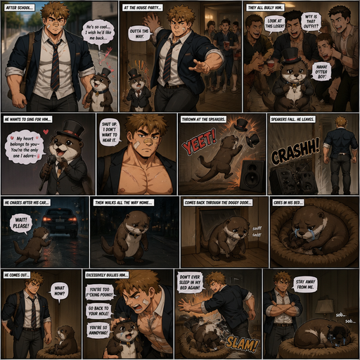 A Lifelike and Detailed Anime Comic book story about of a Bulky and Beefy and every Muscle is bigger than average and less shredded or muscular with Chunky and Bulky chest and Biceps and his defined abs ANIME Cute Bara Man American 20 year old with a ROUND and BASIC facial structure and Young Adult BARA CUTE that is Peach Toned skin not anything else MALE not to detailed With bigger than average Pecs that are visible through the shirt and Biceps but slim and Athletic Lower body that makes have a V-Tapper Lower Body and a big Bandaid on his nose and Left Cheek and Right Eye brow with Scars all over his Chest and arms. Wearing a no piercings Wearing a baggy School Uniform and tie with Blazar and Pants and yellowish Brown Hair and Bright Light Brown fluffy Hair and Strait with brown eyes and black eyebrows with a Three finger Slash on his Eyebrow. With no Facial Hair. Coming home from School with his Pet Otter that has a Collar and has a Huge Crush on him but he doesn’t like the otter back, at a House party they the otter is dressed in a suit and top hat. And hey nudges the otter out of the way to get to the front door and when they get in they all bully the otter. And the otter want to sing karaoke love song for him but he doesn’t like it and the otter is thrown at the speakers and then the speakers fall and he leaves the otter. And the Otter chases after his car but then he walks all the way home. And then comes back home through the doggy door and the otter cries in his doggy bed and he comes out and Excessively Bullies him for being to pound when he tries to sleep