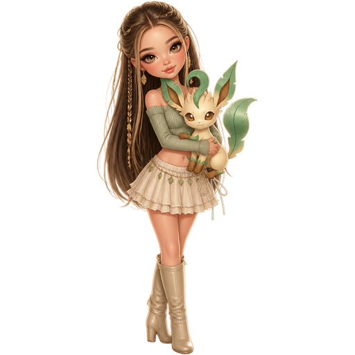 semi-realistic soft cartoon luxury glam, mini plush Bratz-doll aesthetic, cinematic glow, crisp clean detail, glossy glam skin. brown eyed Petite 5ft girl, fair skin with soft freckles, wide face with tall forehead, honey-brown almond wide-set upturned eyes, fluttery lashes, shimmer highlight, plush lips, bottom heavy lip, sweet Belle-princess vibe, long straight brunette hair with visible light blonde highlights, a sage and cream outfit, a sage cropped rib-knit top with a cream flowy mini skirt, delicate gold leaf earrings, beige knee-high boots, hair in a half-up style with tiny braids woven in like vines, warm golden highlight and peach gloss, holding Leafeon from Pokémon with a soft smile