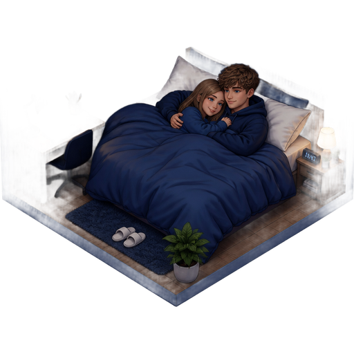 A room with blue walls and a bed with the same color sheets and white pillows and a van Gogh stary night replica on the wall and a photo of a couple with light brown hair and blue eyes (the girl has long straight hair and the guy has a textured fringe haircut) and the same two people that are in the second picture I described snuggling in bed