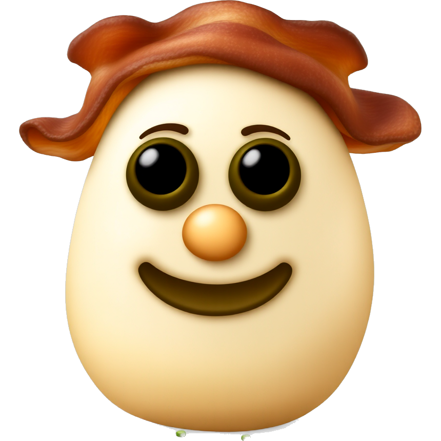 "Whimsical potato made of mashed potatoes, wearing a hat of crispy bacon, with googly eyes made from olive pieces and a cheeky smile crafted from a slice of cheese. Adorned with a sprinkle of colorful bell peppers for a playful touch!"